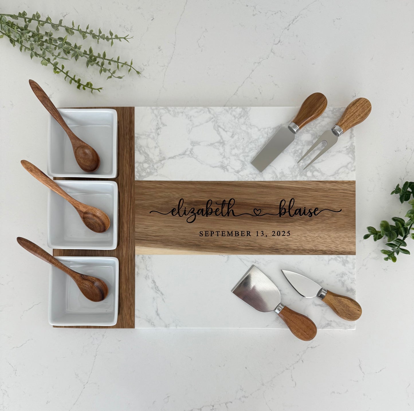 Personalized Marble & Acacia Charcuterie Serving Board Set – 11-Piece Entertaining Gift