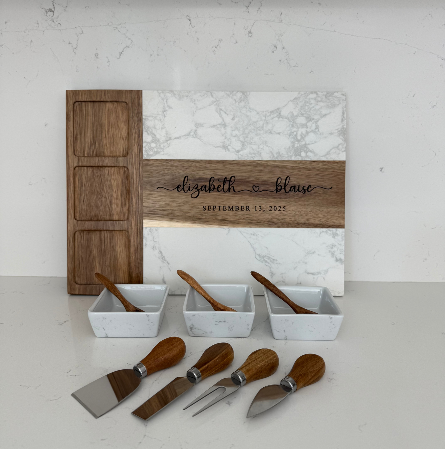 Personalized Marble & Acacia Charcuterie Serving Board Set – 11-Piece Entertaining Gift
