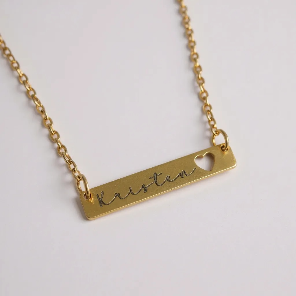 Personalized Gold Bar Name Necklace with Heart Cutout