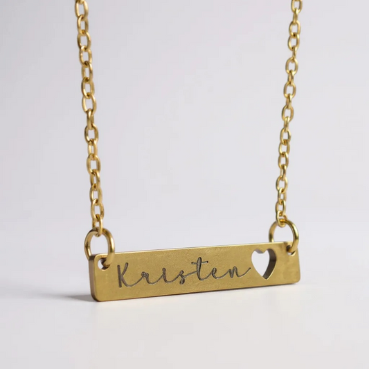 Personalized Gold Bar Name Necklace with Heart Cutout