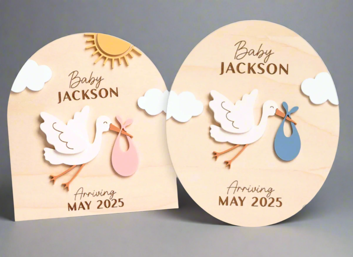 Personalized Wooden Baby Announcement Sign – 3D Stork Design