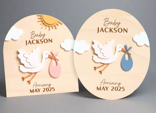 Personalized Wooden Baby Announcement Sign – 3D Stork Design